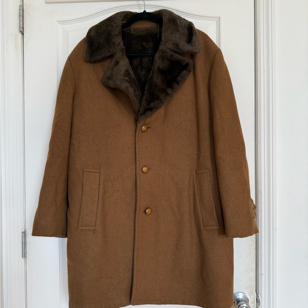 Men's Brown Coat with Faux Fur Collar and Lining